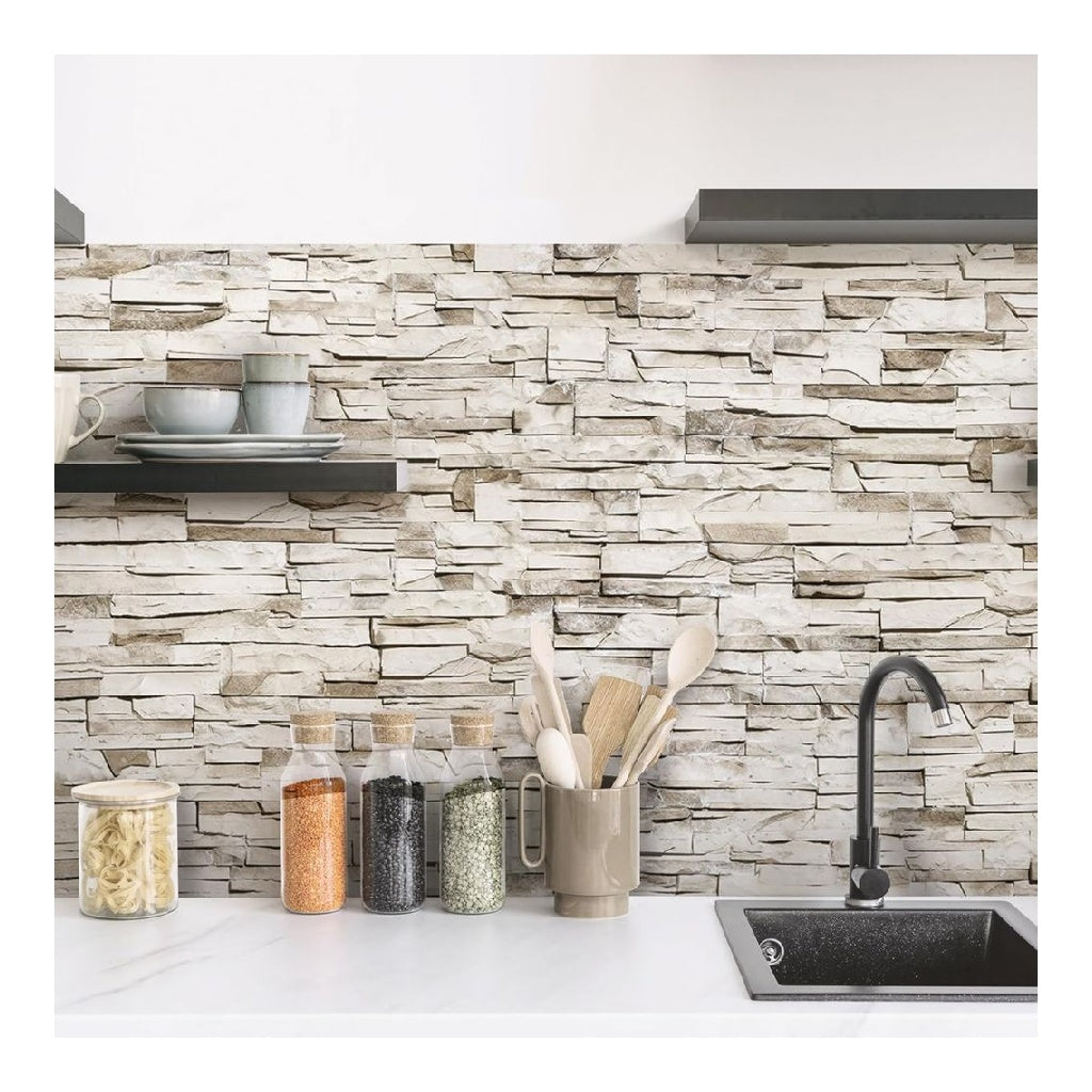 CREARREDA Panneau de Cuisine Antieclaboussures Autocollant Mural Facile a appliquer Motifs Pierres Beiges 190 x 60 cm 100 produit pour en Italie en PVC Ignifuge ainsi que resistant a l'Eau pour evier