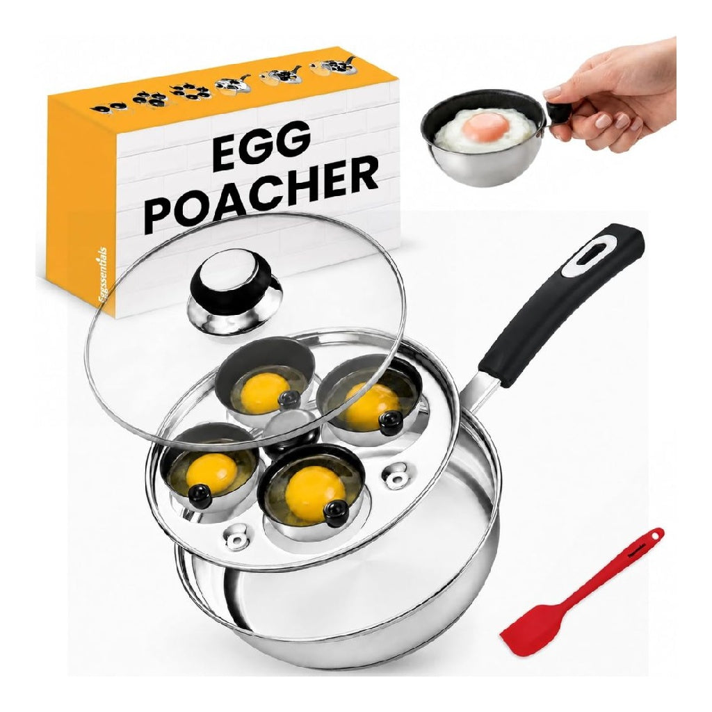poches Eggssentials oeufs 4 tasses antiadhesives pour pocher les ?ufs poele a ?ufs en acier inoxydable certifiee FDA et finesse alimentaire PFOA possedant spatule gratuite