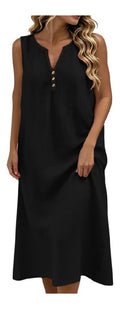 Robe Coton Et Lin ete Robe Ete Femme Fluide Legere Robes du Plage Chic Et Elegant Sans Manches Col en V Boutonne Decontracte Ample Habillee Ete Grande Taille Couleur Unie Dress Casual Vacances