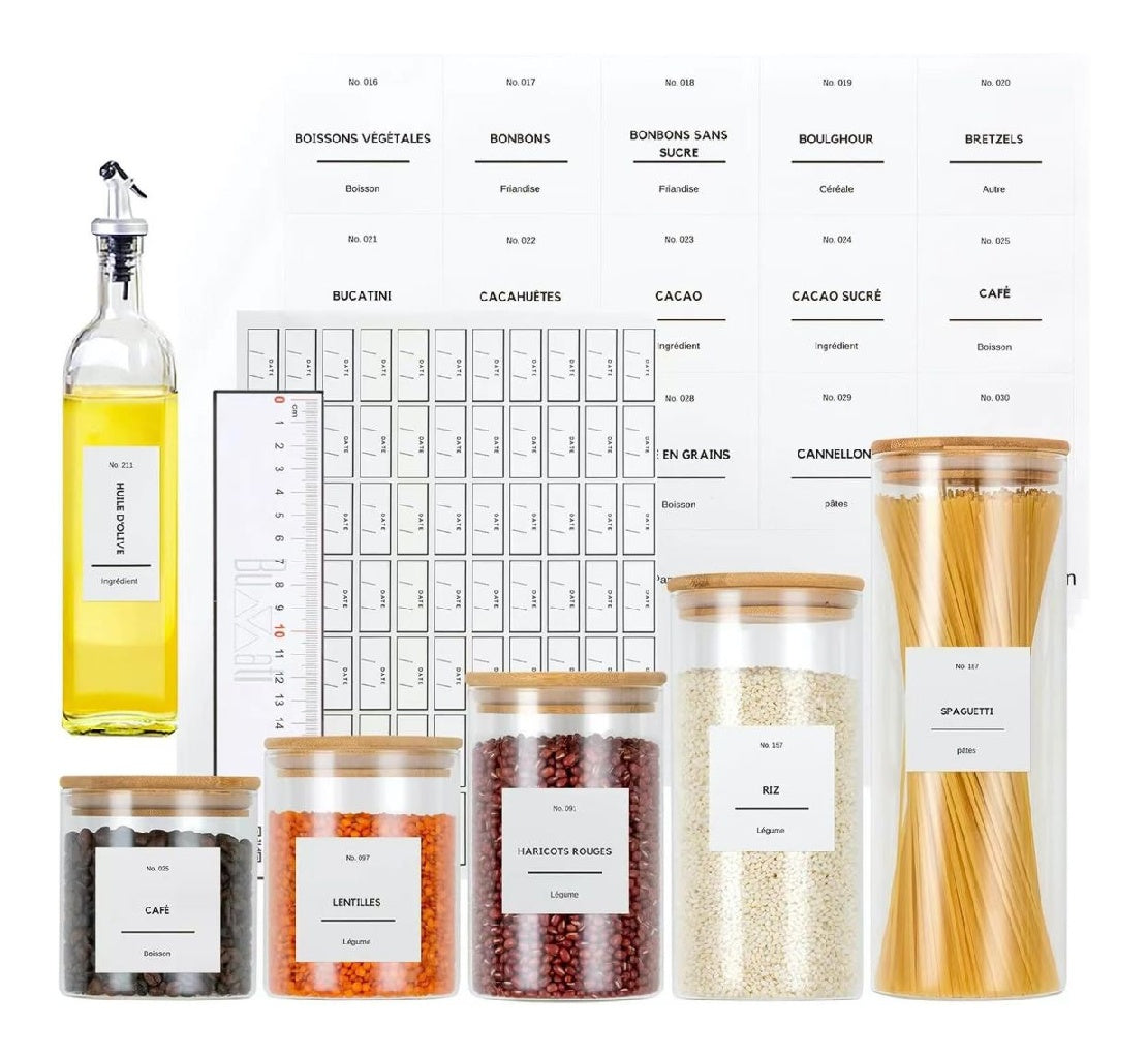 286 BUWATI etiquettes Autocollantes Cellier GardeManger Stickers Impermeables pour Bocaux Rangement Cuisine en Fran?ais ecriture Claire Noire sur Blanc Vinyle Premium